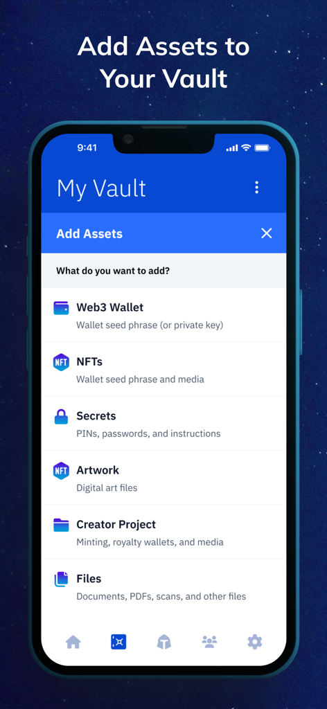 Vault12 Guard interface for adding crypto wallets, NFTs, and secret files to a secure digital vault.