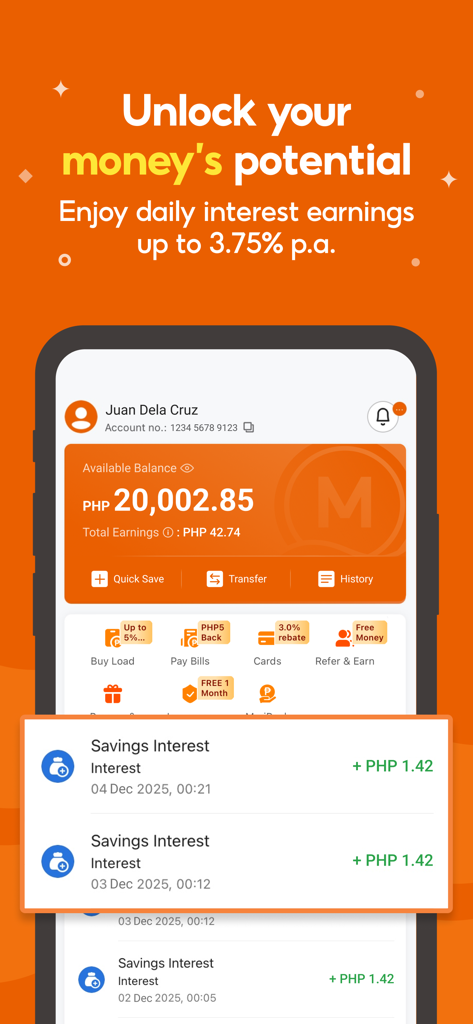 MariBank PH mobile app dashboard displaying daily interest earnings and savings account balance