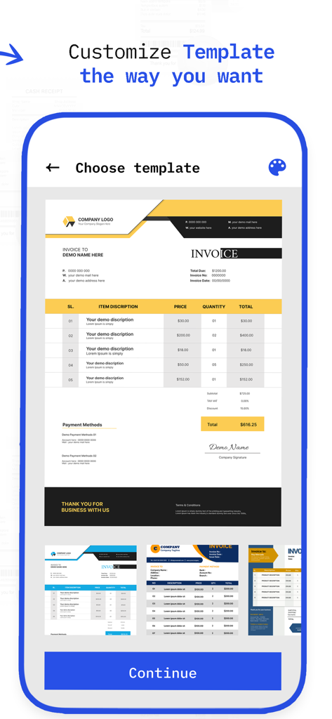 InvoiceBilling | Receipt Maker - A mobile app interface showing professional invoice templates with customizable branding options for small businesses.
