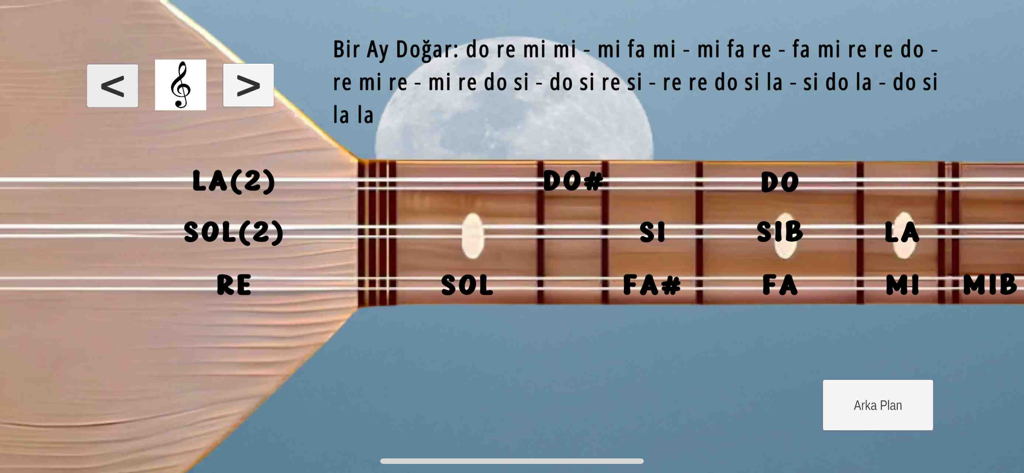 Virtual bağlama neck with note labels and Turkish song lyrics on screen.