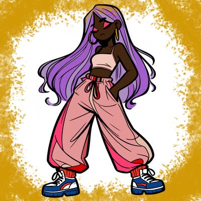 girl in baggy pants crop top and long hair