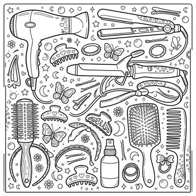 Dive into the world of beauty and self-expression with this intricate Hair Tools & Accessories coloring page. Featuring everything from curling irons to headbands, it's perfect for anyone who loves styling their hair.