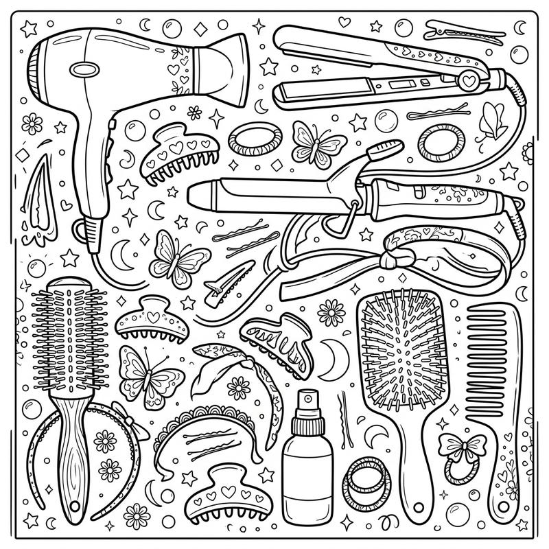 Dive into the world of beauty and self-expression with this intricate Hair Tools & Accessories coloring page. Featuring everything from curling irons to headbands, it's perfect for anyone who loves styling their hair.