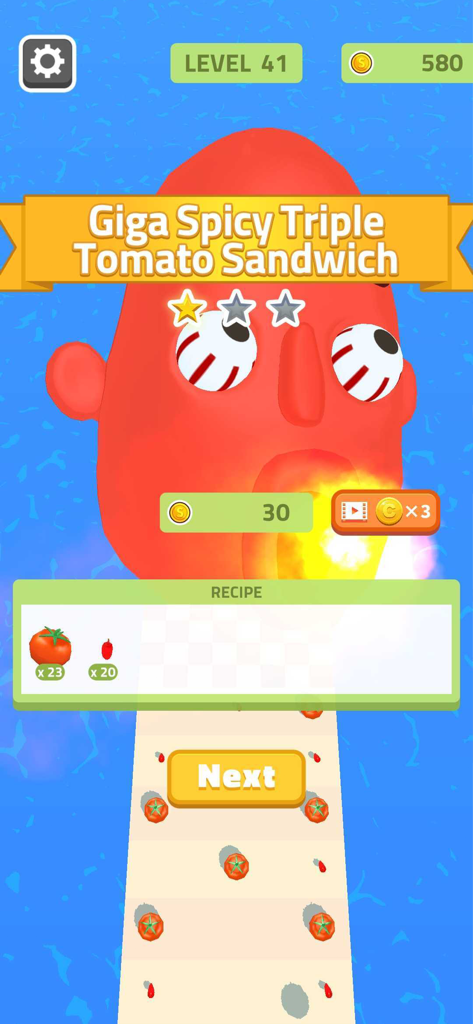 Sandwich Runner - Eine rote Figur speit Feuer, nachdem sie ein scharfes Tomatensandwich im Spiel Sandwich Runner gegessen hat