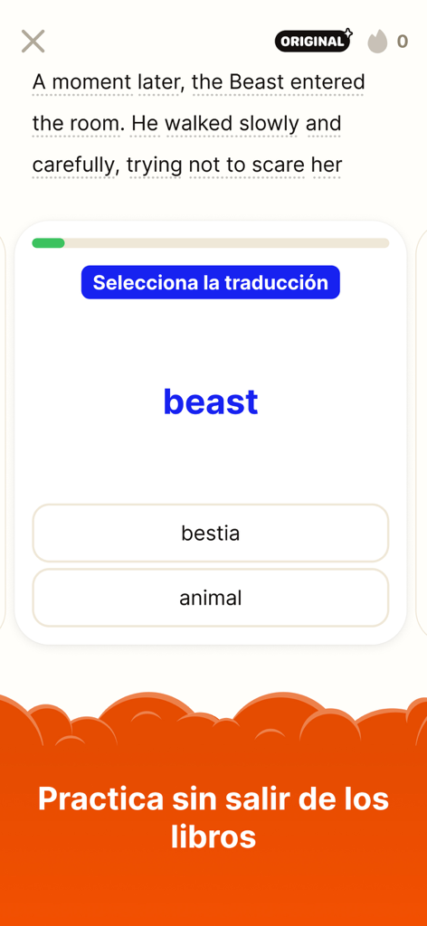 Clew: aprende inglés leyendo - Clew app interface showing an English vocabulary translation quiz while reading a story.