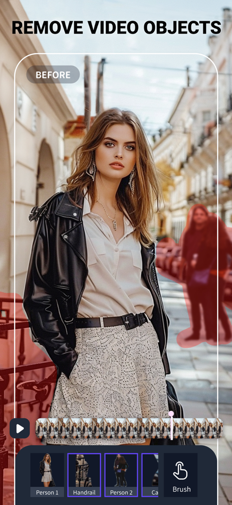 Video Eraser & Remove Objects - Interface of a video editing app showing background people highlighted in red for removal using AI