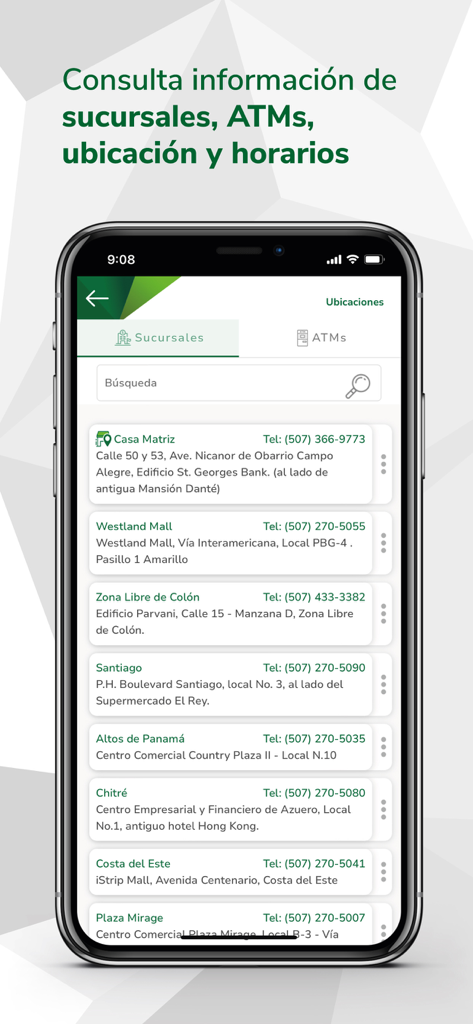 SGB Movil branch locations and contact information screen