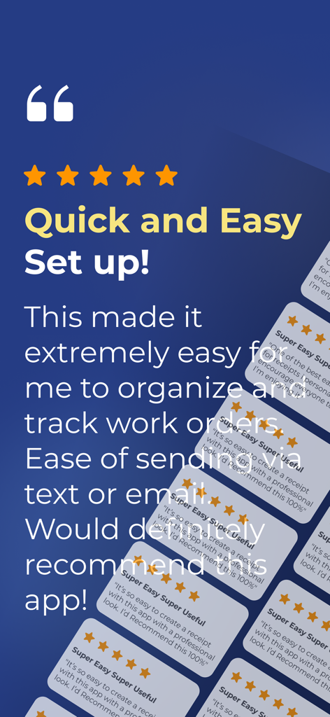 Five star customer reviews and testimonials for the Work Order Maker app showing ease of organizing work orders