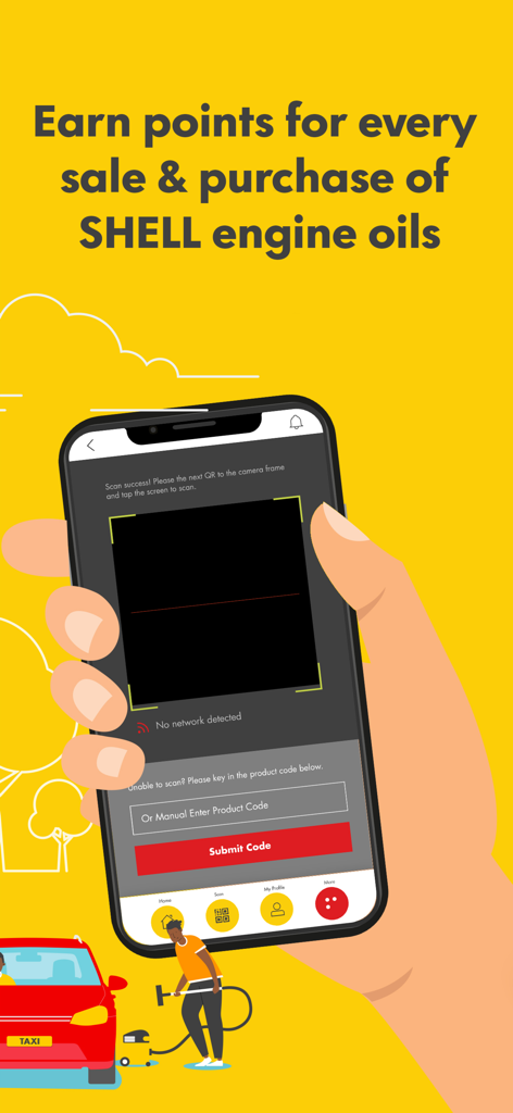 Shell SHARE app screen showing QR code scanner to earn points on engine oil sales