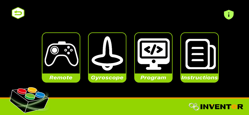 XP Block app main menu showing remote control gyroscope programming and instructions modes