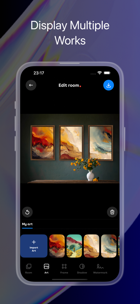 ArtStage: Preview your Artwork - ArtStage app interface showing three abstract paintings staged together on a virtual room wall