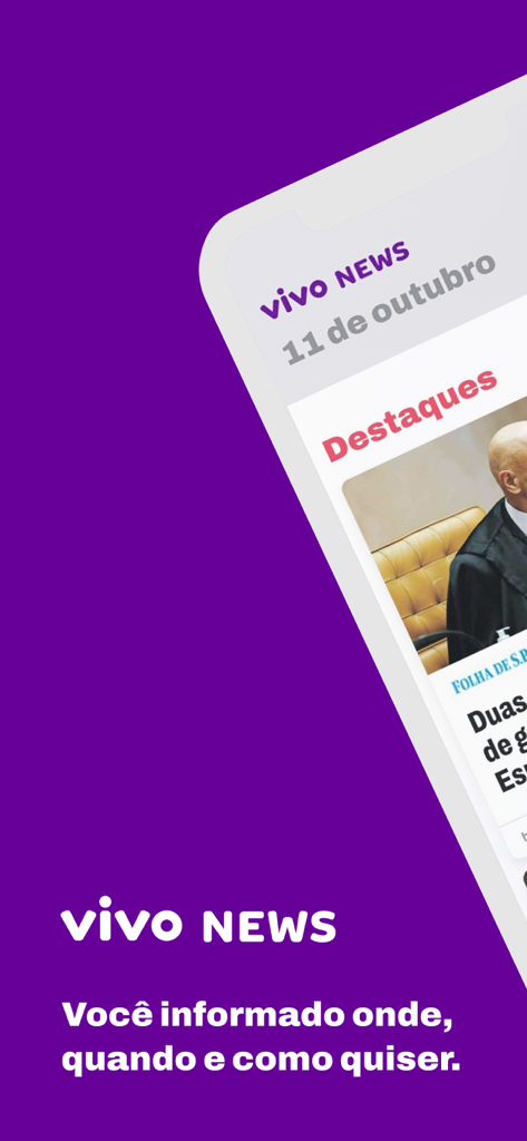 Vivo News - Interface do aplicativo Vivo News exibindo as últimas manchetes e destaques de notícias em português