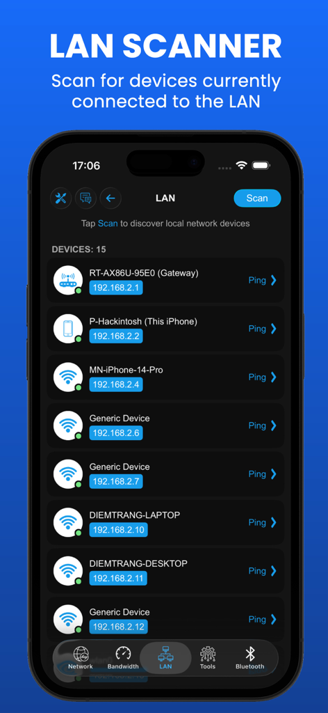WIFI Analyzer - DNS Speed Test - Interface du scanner de réseau local montrant les appareils réseau connectés et les adresses IP
