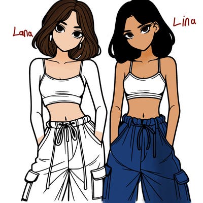 two girls with crop top with baggy pants
