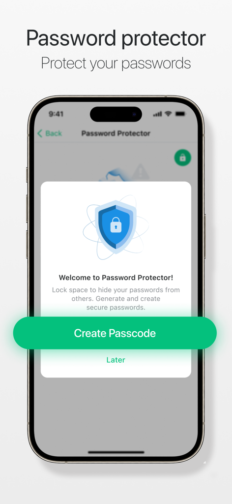 AdBlock for Private Browsing - Mobile app setup screen for Password Protector feature with a shield icon and create passcode button.