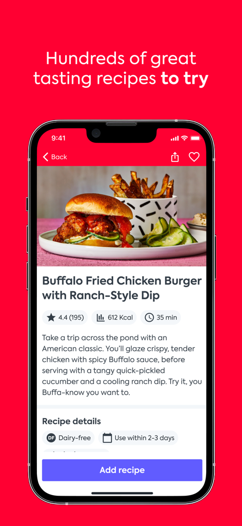 Gousto mobile app interface displaying a recipe for Buffalo Fried Chicken Burger with calorie and cooking time details