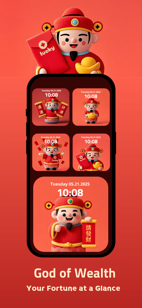 Lucky Widgets God of Wealth theme featuring cute 3D characters on an iPhone home screen with fortune-themed widgets