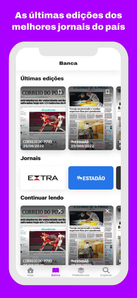 Hube Jornais app interface displaying a digital newsstand with various Brazilian newspapers