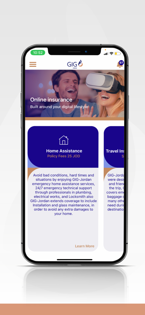 GIG JORDAN - The GIG Jordan mobile app interface showcasing online insurance and home assistance policy options.