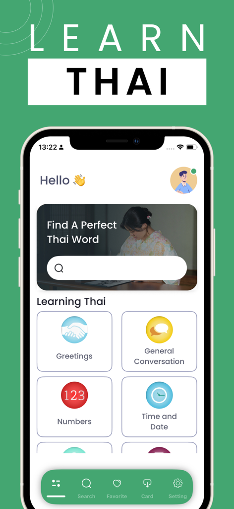 Learn Thai -Travel Phrasebook - Main interface of the Learn Thai app showing language categories and search function.