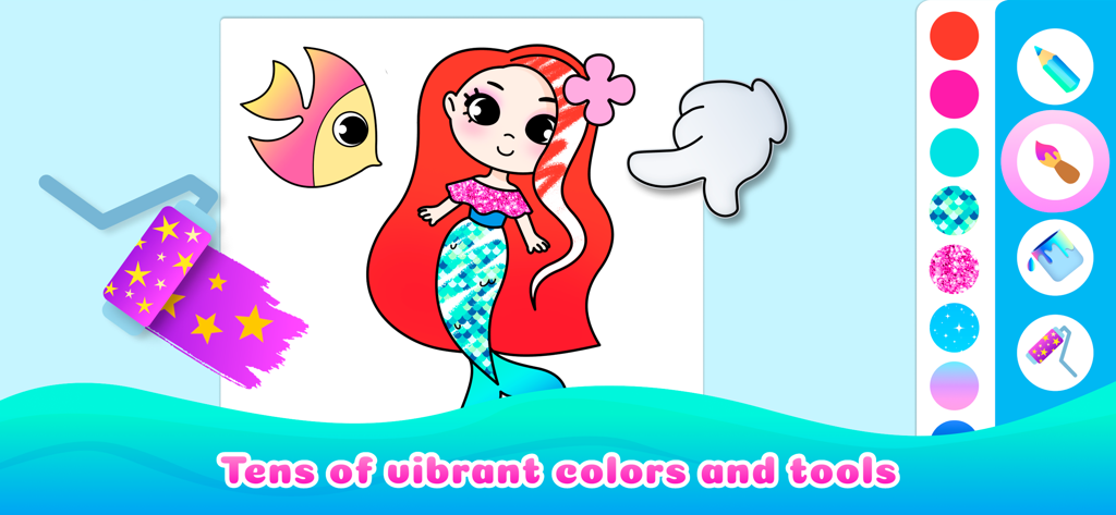 Mermaid coloring page with vibrant colors and pattern drawing tools for kids