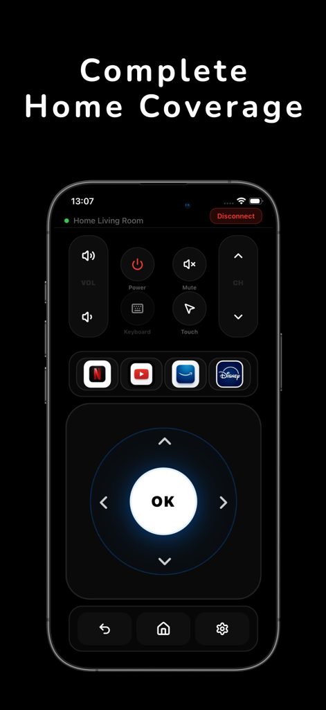 TV Remote Controller: Touchpad - iPhone screen displaying the universal TV remote control interface with navigation buttons and streaming app shortcuts for complete home coverage