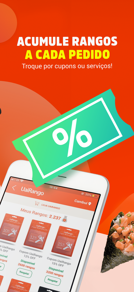 UaiRango - Mobile app screen showing the UaiRango loyalty program where users can exchange points for discount coupons