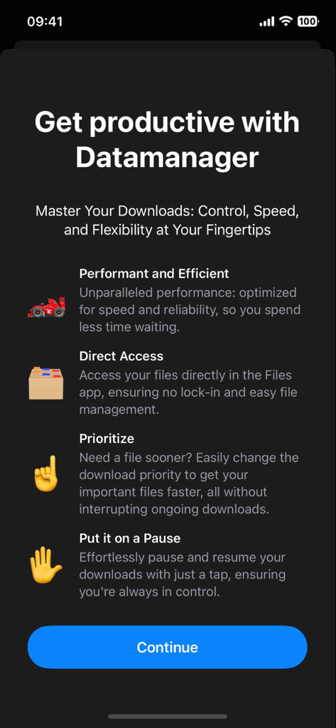 Onboarding screen of the dManager app showcasing key features like download speed, file access, prioritization, and pause and resume functionality.