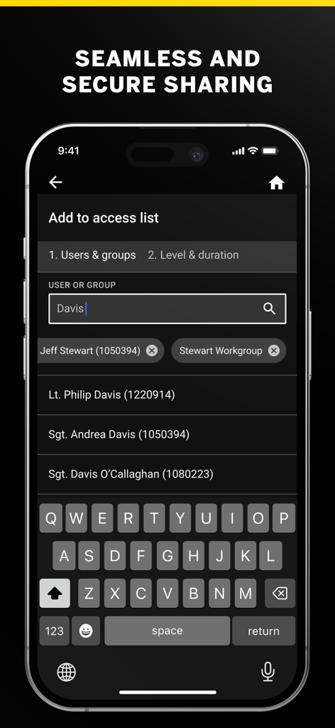 A screenshot of the Axon app showing the secure sharing and access list management interface for law enforcement officers.