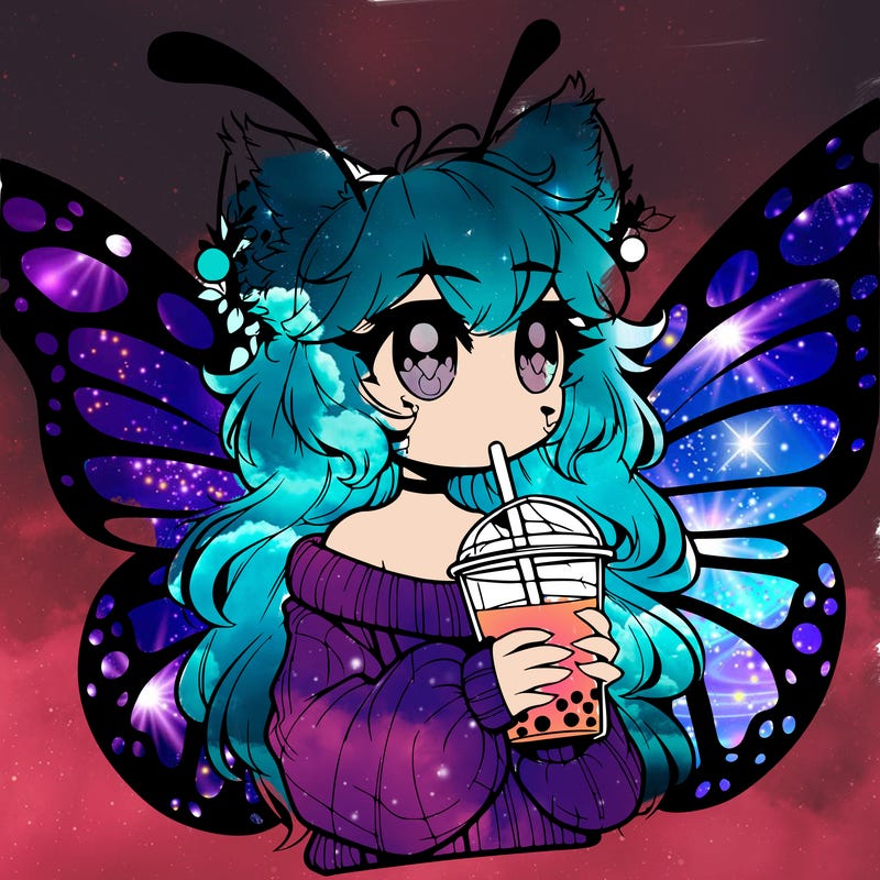 a realistic butterfly/furry girl drinking boba