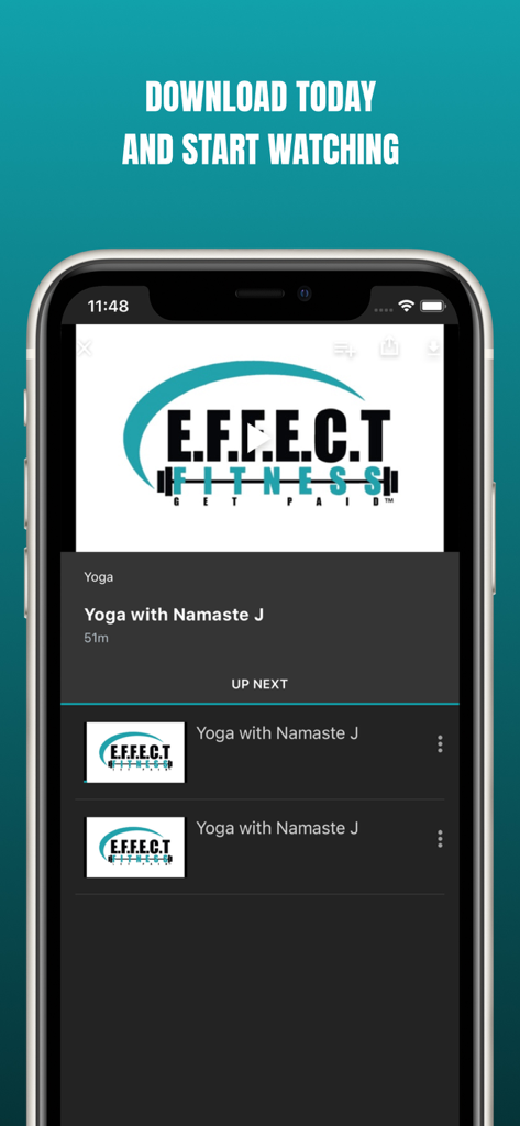 Effect Fitness On Demand - Effect Fitness On Demand app showing a yoga workout video interface with an upcoming class list.