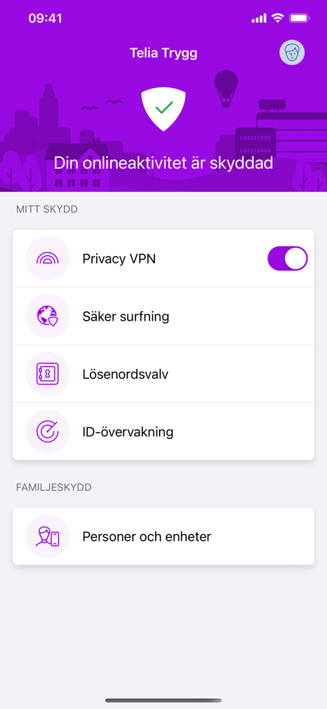 Telia Trygg mobile App-Oberfläche mit Sicherheitsfunktionen wie VPN und Passwortmanager