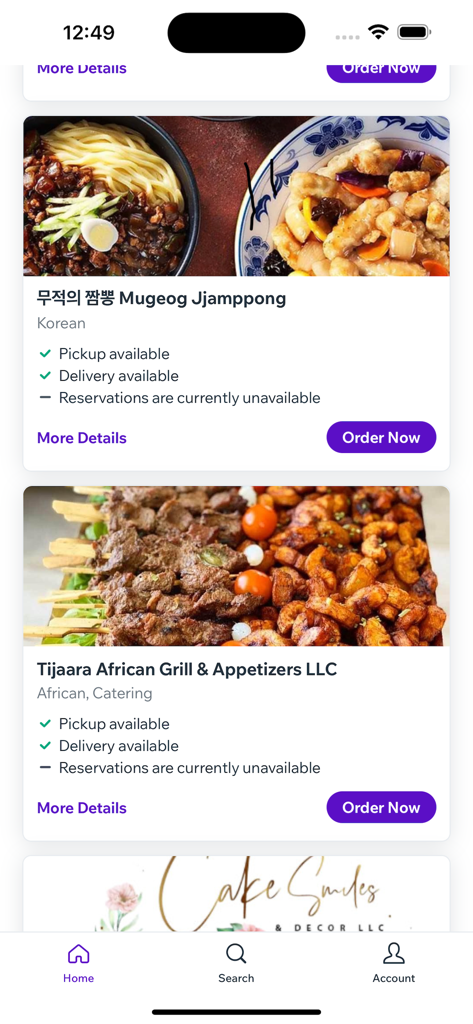 Dine by Wix - Interfaccia dell'app Dine by Wix che mostra opzioni di ristoranti coreani e africani con pulsanti di ordine.