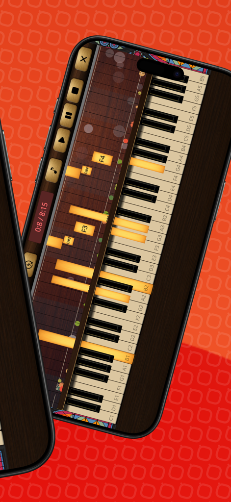 Pipe Organ - Un smartphone mostrando la interfaz de la aplicación Órgano de Tubos con un teclado y barras de notas musicales desplazables