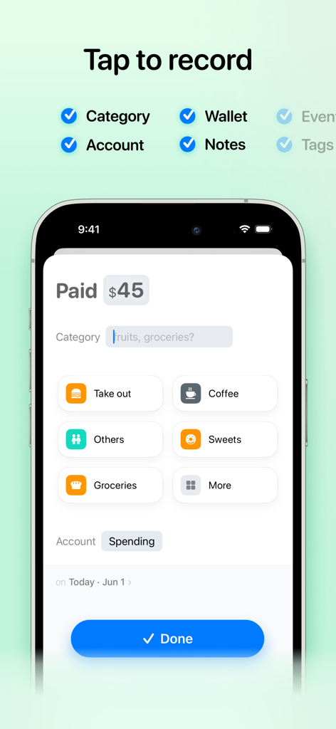 Gem - Money tracker - A mobile interface of the Gem Money tracker app showing an expense entry screen with quick category buttons like Coffee and Groceries and a total amount of forty five dollars.