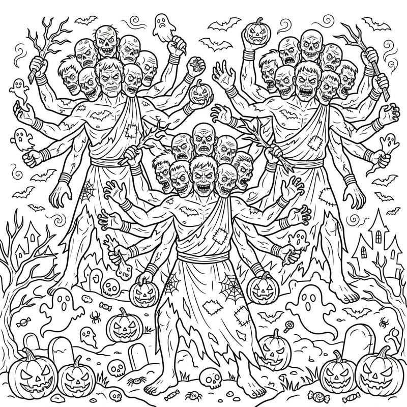 Unravel a captivating blend of Greek mythology and Halloween with this Hecatoncheires coloring page, featuring multi-headed giants in a spooky setting. Perfect for teens and adults, this intricate design promises hours of creative, ghoulish fun.