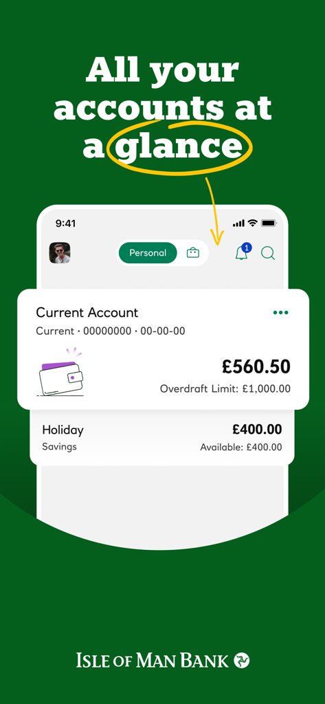 Isle of Man Bank - Mobile dashboard of Isle of Man Bank app showing current and savings account balances