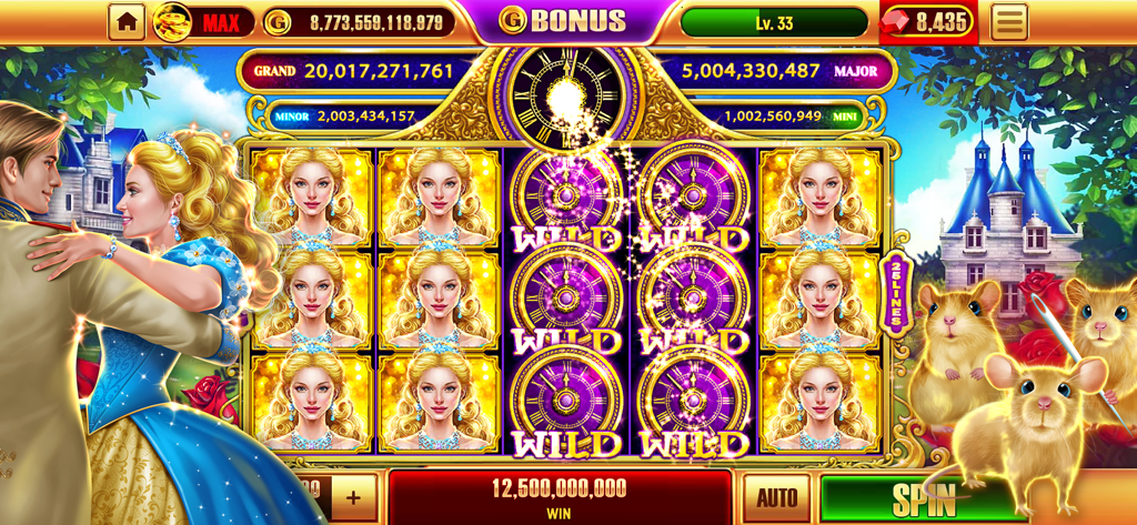 Jogabilidade de máquina caça-níqueis com tema de conto de fadas em Real Casino Slots 2 mostrando símbolos curinga e valores de jackpot.