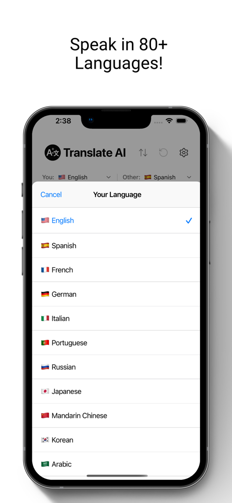 Translate AI: Live Translator - Una pantalla de smartphone que muestra una lista de idiomas compatibles en la aplicación Translate AI, incluyendo inglés, español y francés