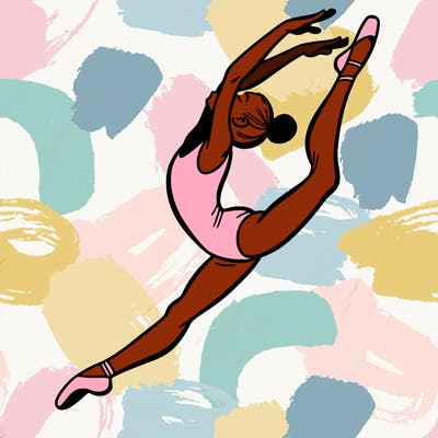 gymnast doing a leap in a leotard with a bent back leg