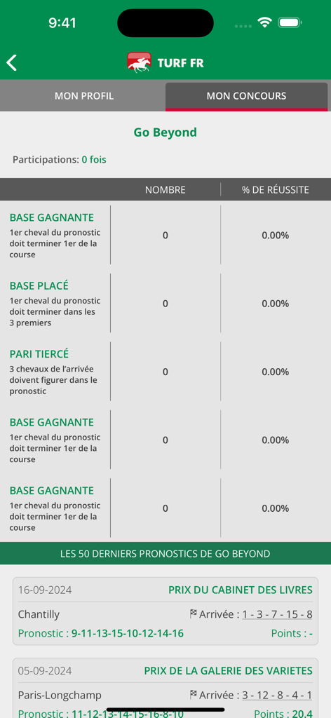 Taux de réussite et pronostics de courses récents dans l'application hippique Turf FR.