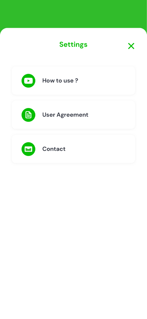 Settings screen of the vSim app showing options for How to use User Agreement and Contact information.