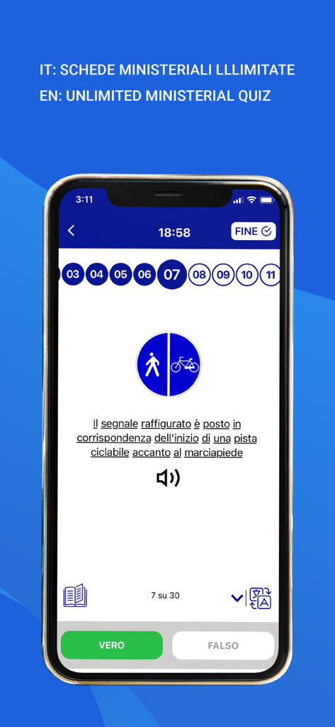 Écran de quiz ministériel officiel pour le permis de conduire italien avec des boutons vrai et faux.