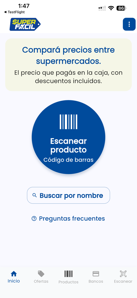 SuperFacil - SuperFacilアプリのホーム画面。バーコードスキャナーボタンとスーパーマーケットの価格を比較するための検索バーが表示されています。