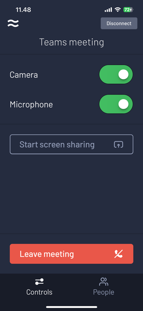 Airtame - Airtame app interface showing Microsoft Teams meeting controls with camera and microphone toggles and screen sharing option.