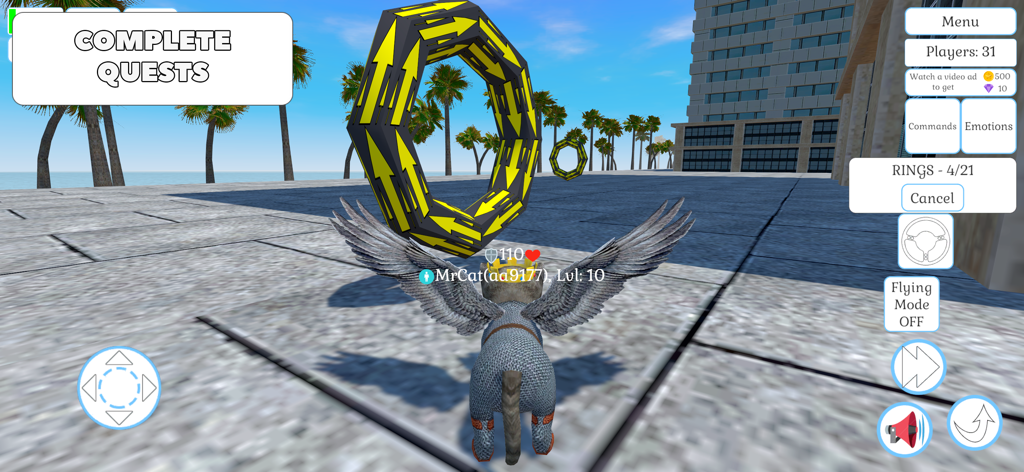 Cute Cat And Puppy World - A cat with wings completing a ring quest in a virtual open world city