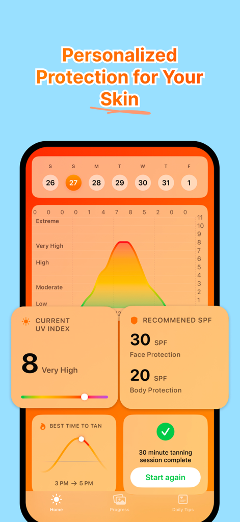 Sunkiss AI - Tan & UV Tracker - Sunkiss AI app interface showing personalized UV index tracking and recommended SPF for skin protection