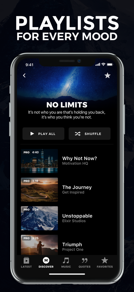Motivate: Daily Motivation - Interfaccia di un'app mobile per Motivate che mostra una playlist di video motivazionali curata intitolata No Limits