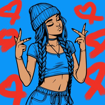 realistic teenage girl with braids and a beanie and crop top doing 🫶🏼