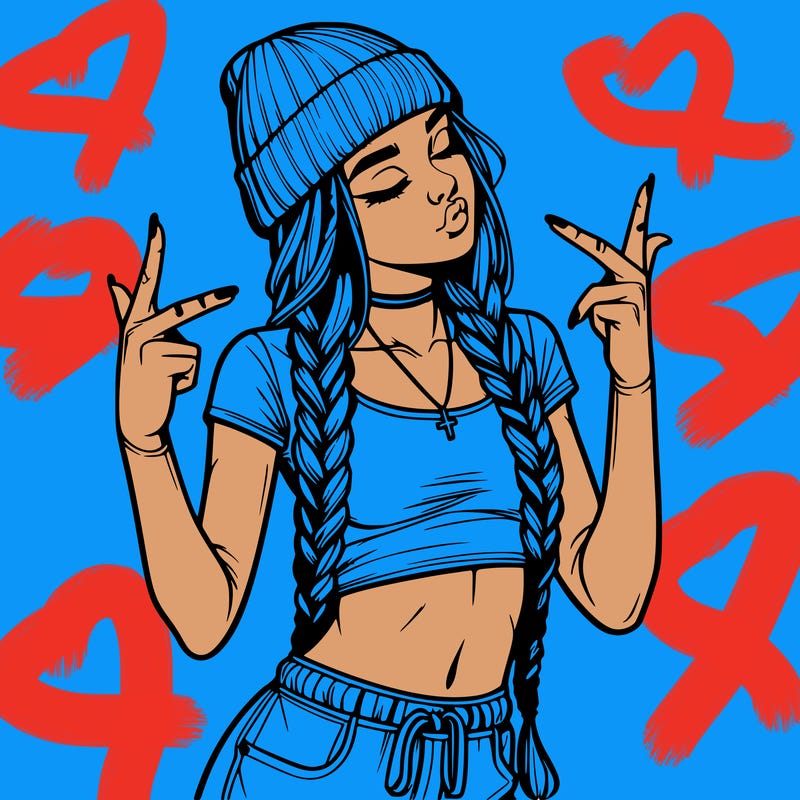 realistic teenage girl with braids and a beanie and crop top doing 🫶🏼